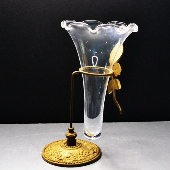 Glass And Brass Bud Vase In Style Of Art Noveau Flower Display Room Accent - Picture 3 of 5